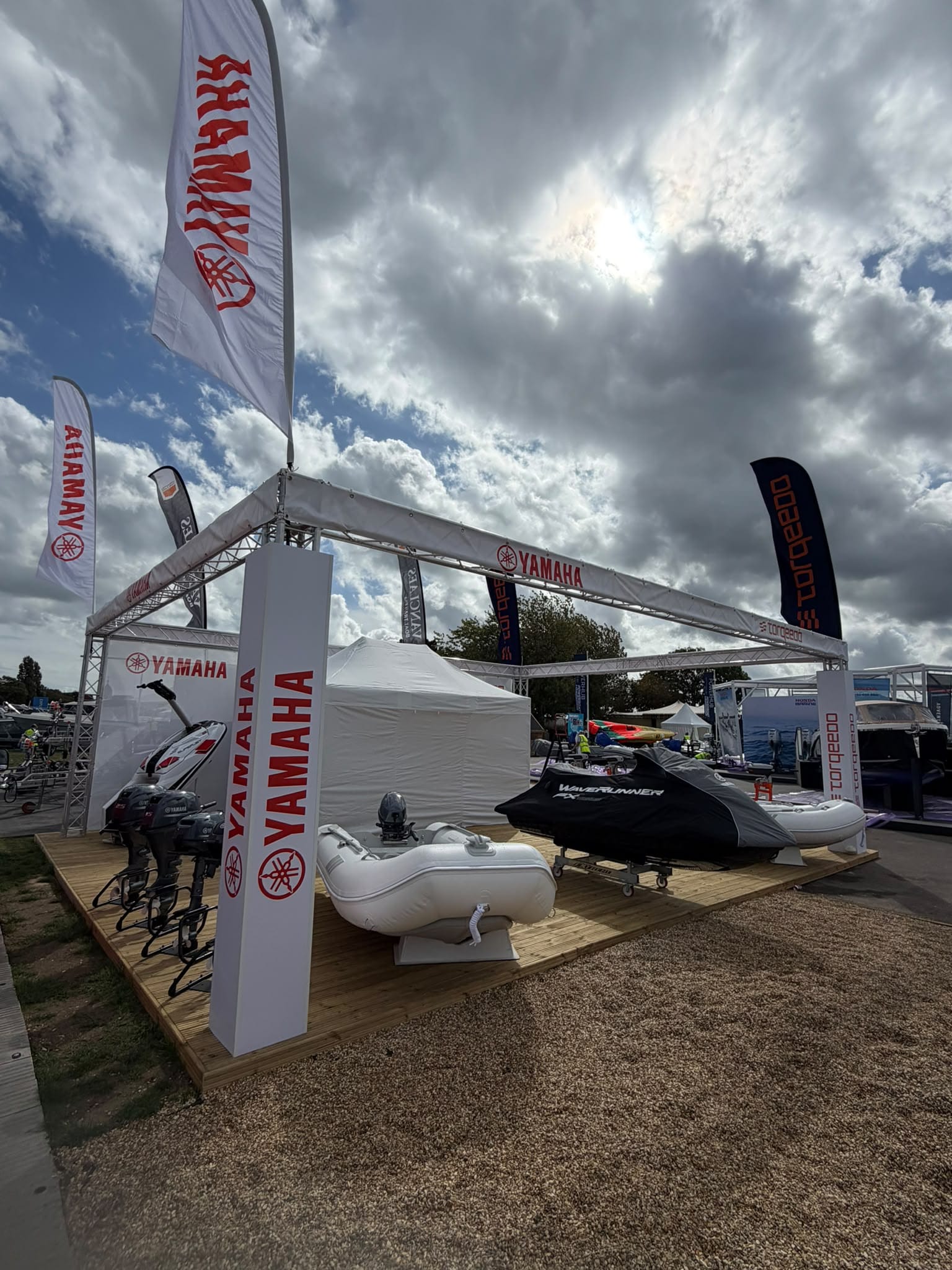 Yamaha outboard engines, WaveRunner and RIB boats displayed on the Southampton Boat Show stand